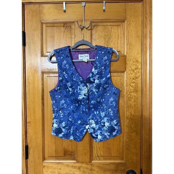 Sharon Young Jackets & Blazers - Sharon Young Sportswear Floral Linen Blend Vest Blue Purple V-Neck Medium USA